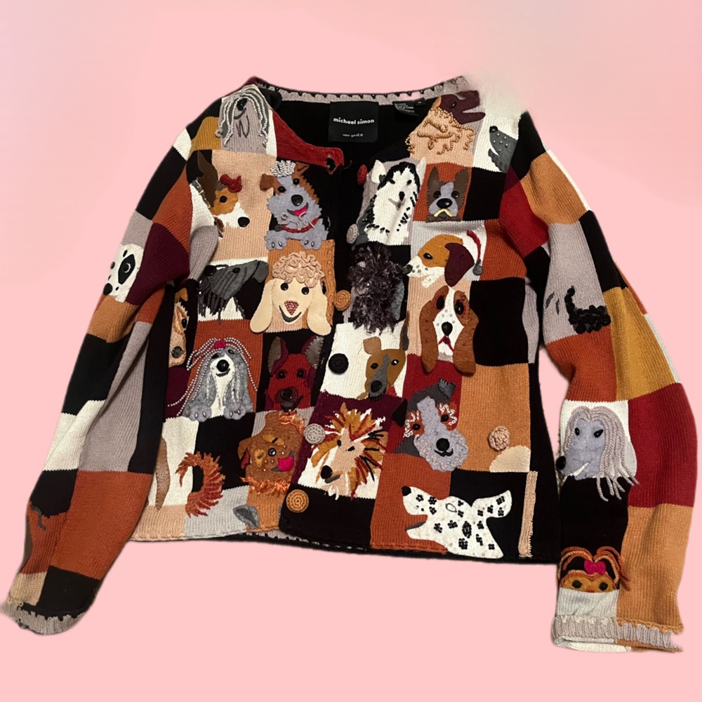 Michael Simon Cardigan Dog Lover Beaded Wearable Art Patchwork | Medium 🐶